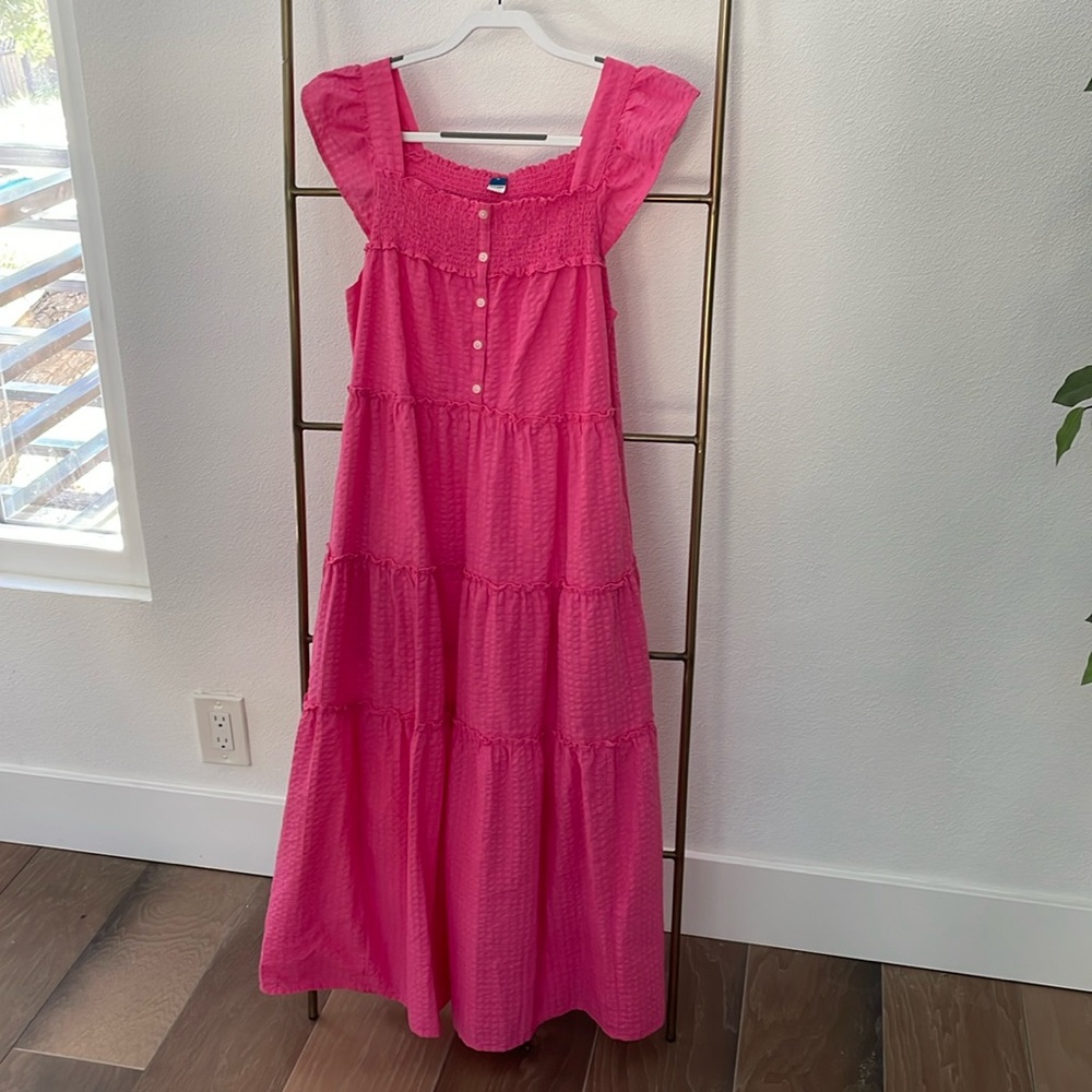 Old Navy Maxi Dress Sz M Pink Peasant Praire Boho Ruffle Smocked Maxi Tiered